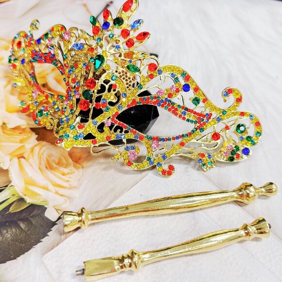 Rainbow Masquerade Mask, Crystal Handheld Mask, Gold Mask, Prom Mask, Pride Mask - Picture 2 of 9